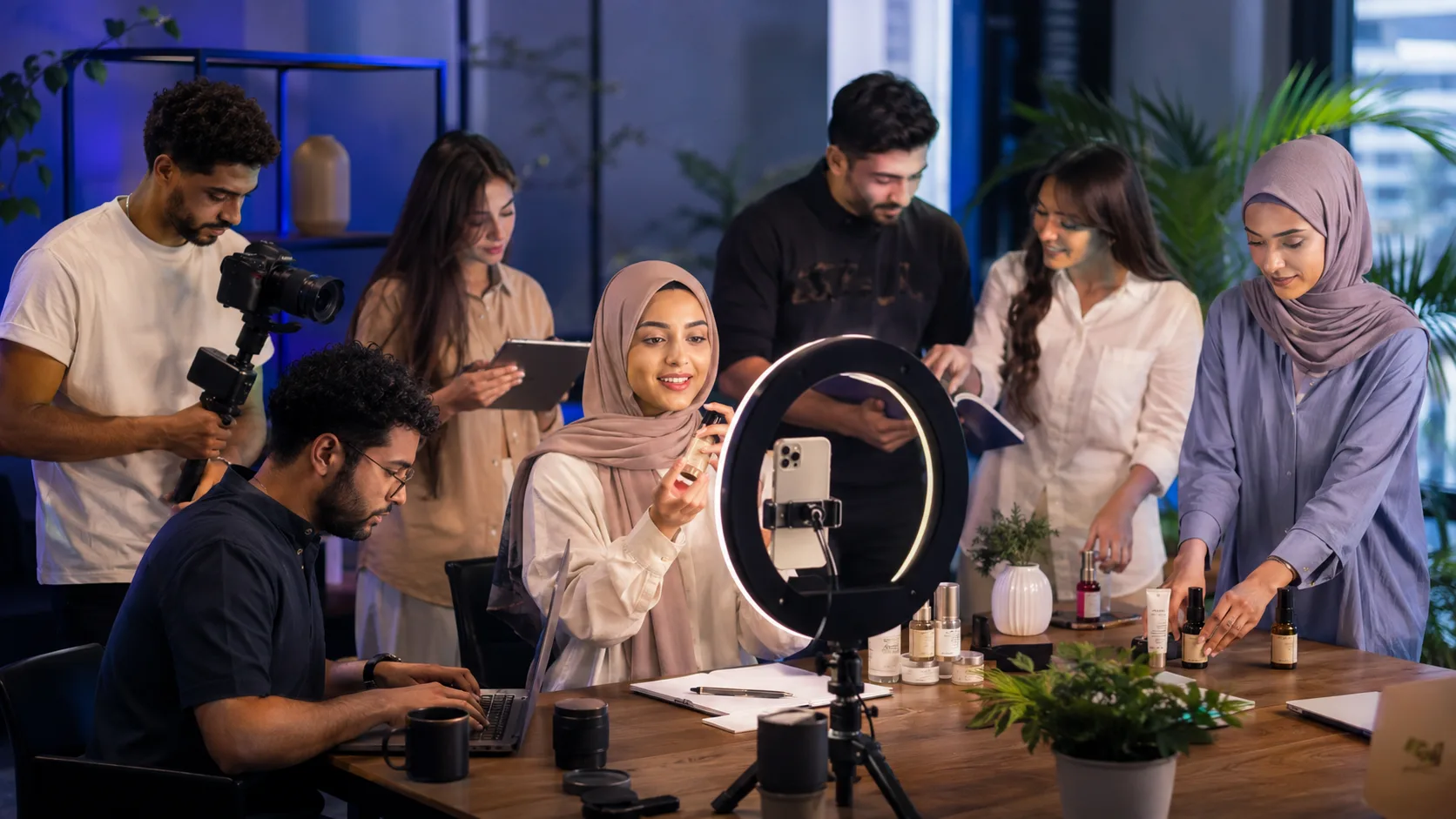 Team of content creators filming and producing content
